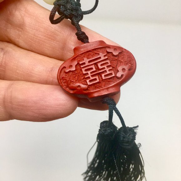 Mini Chinese Knot Red Cinnabar Bead Black Tassel Hanging Pendant Charm - Picture 9 of 16